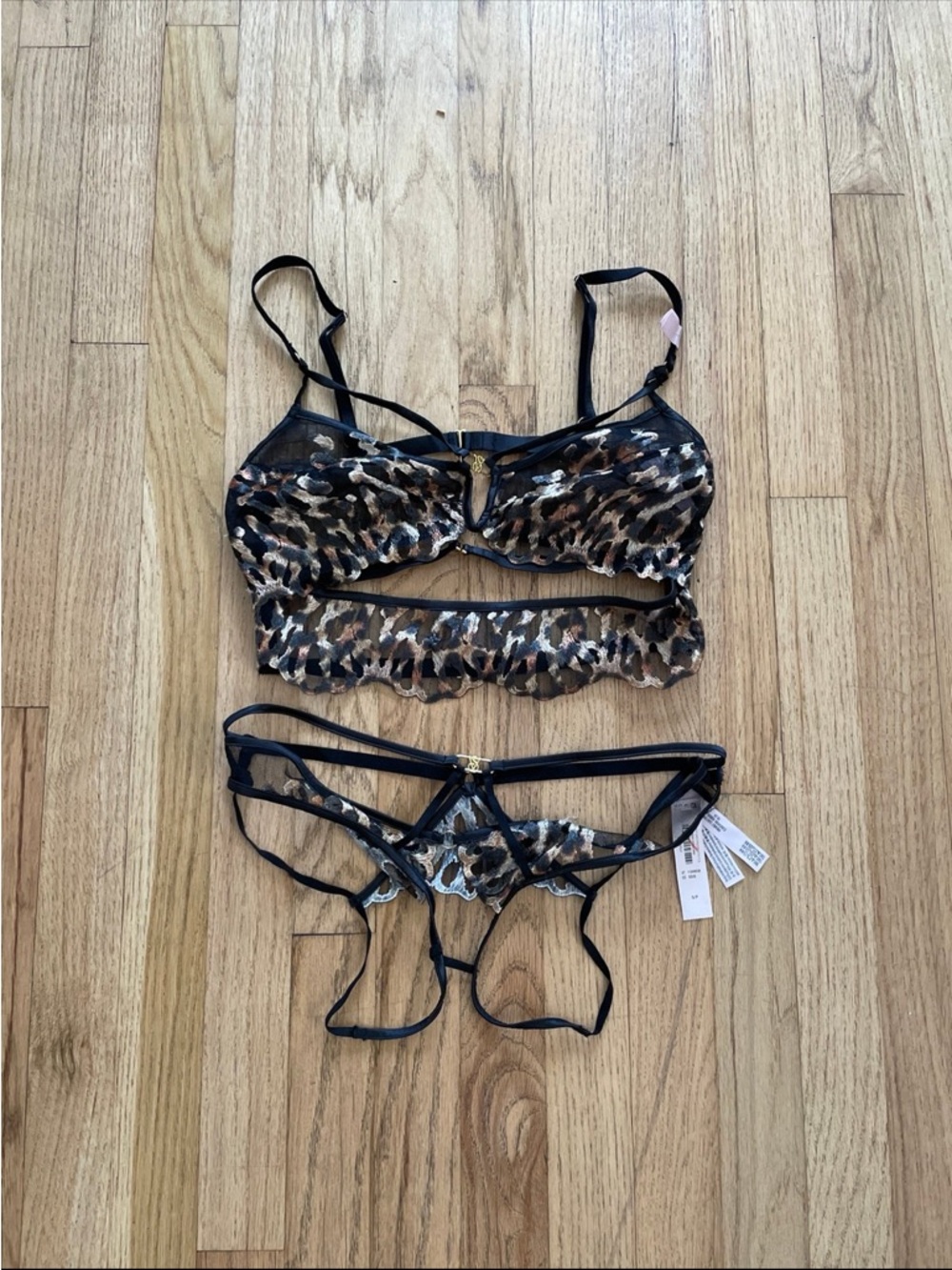 Victorias Secret Very sexy leopard mesh strappy bra and Brazilian panty set NWT